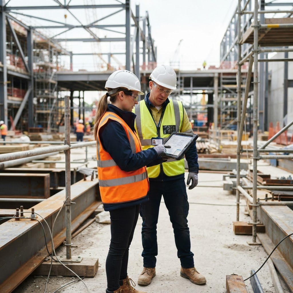 Apex Construction Group engineers reviewing plans during a site inspection